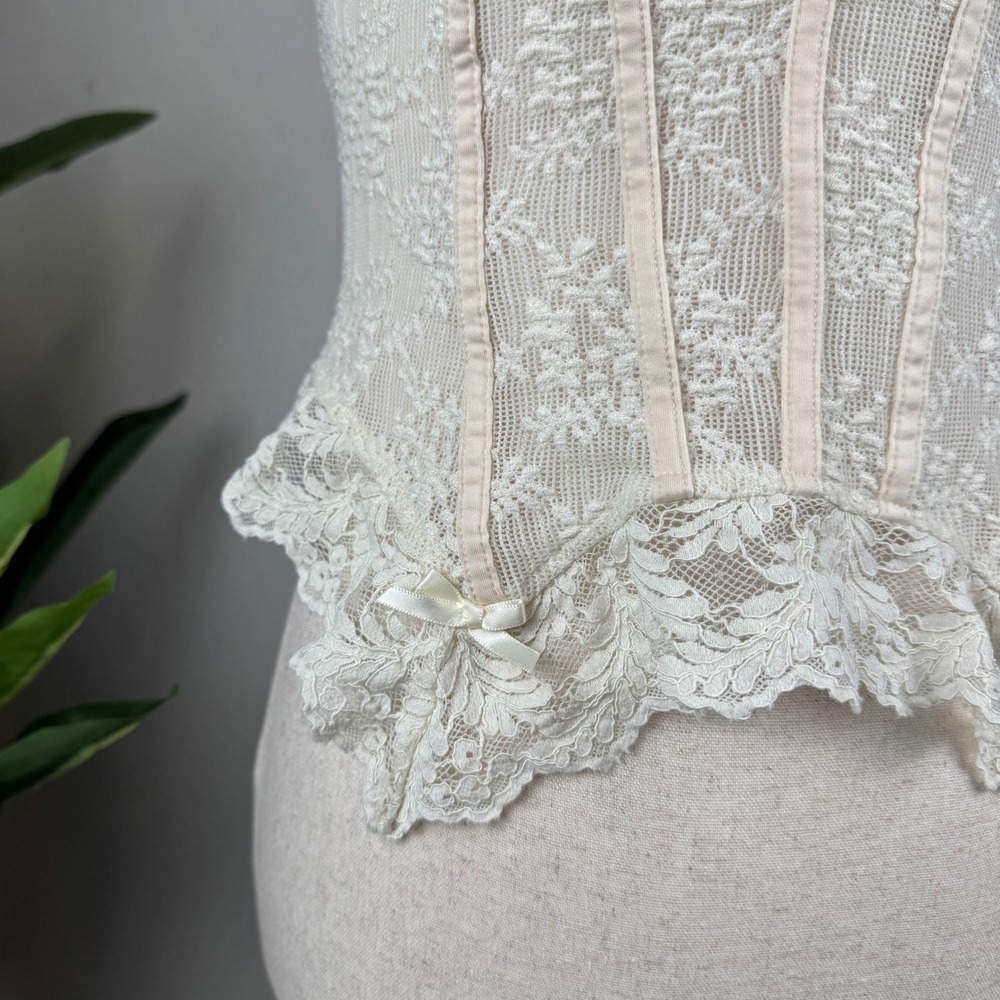 Girly Grunge Fairy Coquette Cream Lace Cider Corset Medium Peplum Bow Bustier - Picture 3 of 8